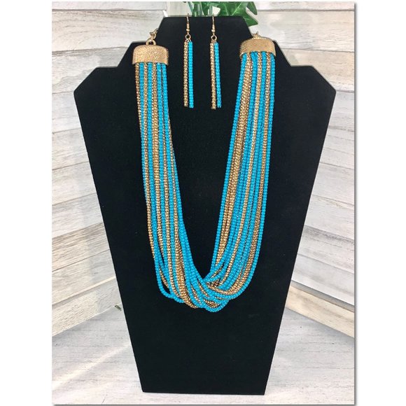 Jewelry - Turquoise Blue & Gold Multistrand Beaded Fashion Necklace & Earring Set EUC